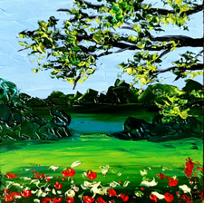 Peinture originale paysage huile fleurs art mural ciel nuages taille 6 x 6 po