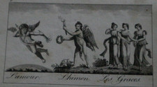 Ancienne gravure XVIIIe mythologie L' AMOUR L' HYMEN LES GRACES
