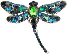 Grande Broche Femme Métal Libellule Strass Vert Insecte Fantaisie Idée Cadeau