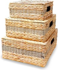 3-Pack Water Hyacinth Storage Baskets with Lids – Wicker Organizer Boxes Set