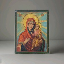 Icône religieuse Ancienne En Bois Vierge Et l'Enfant De Tradition Orthodoxe