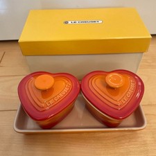Le Creuset Heart-shaped Ramekin Mini Cocotte Orange Set of 2 with Plate