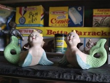 Vintage Old Aquarium Fishbowl 2 Lot Beautiful Ceramic Bisque ? Mermaids 