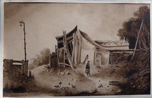 Joli dessin ancien lavis cour - lavis,