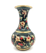 Robert Kuo Cloisonné Vase Teal Green Floral Enamel Brass Kuo's Cloison China 7"