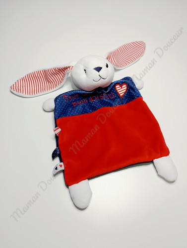 Doudou plat lapin bleu rouge - plat,