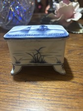 Blue Delft Lighthouse With Sailboat  Hyannis Covered Box (with Lid) circa 1900