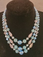 Vintage 3 Strand Powder Blue Acrylic Beaded Statement Necklace Layers