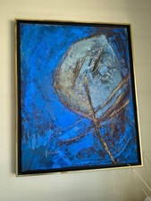 Tableau peinture abstraite – signé Heluchey – Grand format – Tons bleus