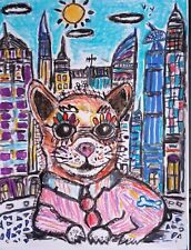 Tableau Chien en ville Chiwawa Chihuahua  Pinscher 21x28cm/feuille signé S.dez 