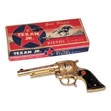 Antique Hubley Texan Junior Cap Pistol Gold Plated Toy / Gun Boxed