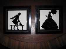 Matched Pair Arts & Crafts  Ceramic Mantle Tiles Black & White Silhouettes c1900