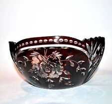 Antique Burgundy Red Lined Crystal Salad Bowl Cup Floral Pink Overlay