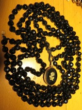 Antique French JAIS BEADS NECKLACE & PHOTO HOLDER PENDANT decorated PINK beaded