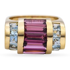 La Nouvelle Bague 18k Yellow Gold Tourmaline and Aqua Chanel Set Statement Ring