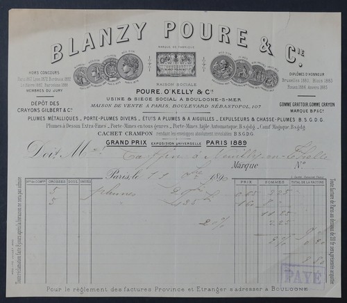 Facture paris 1890 plume - 1890,