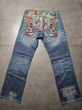 Christian Audigier Blue Denim Jeans Embroidered Mary Y2k Ed Hardy Tatoo - 32x34