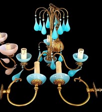 lustre pampilles opaline/ Murano  bleu, ensemble  lustre et applique pampilles. 