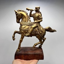 Ancienne statue cavalier en laiton décor médiéval socle bois figurine 8,3" Uk...