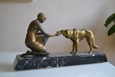 A. Lémo (1881-1936) Sculpture Art Déco Régule patine bronze Femme & Barzoï 52 cm