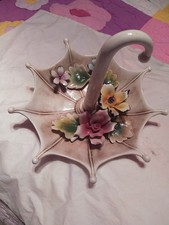 Vintage Capidimonte Italian Umbrella With Floral Arrangement