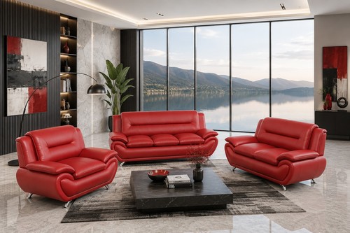New red leather gel 3pc - leather, sofa