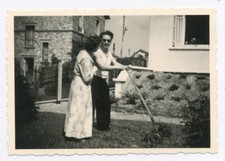 Vintage Original Photo Snapshot Couple Gardening Lawn Mower - SA666