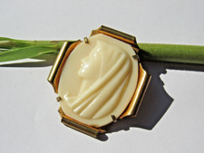 ART DECO - Religious Brooch - Virgin Cameo Religious Brooch - Galalite Brass