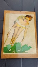 RARE ART DECO 2 PANELS WOOD VARNISH PIN UP ORIGINAL 1950 MADE IN USA