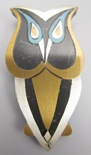 LOVELY VINTAGE MCM MODERNIST TONO MEXICAN SILVER INLAY OWL BROOCH PIN