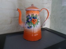 cafetière émaillée ancienne orange aux pensées