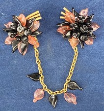 Broche vintage Gripoix verre rose noir doré bijou couture Paris années 60, Paire