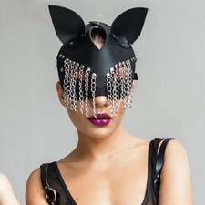 Cat Women PU Leather Metal Chain Mask Cosplay Masquerade Halloween Party Mask