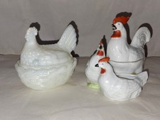Ancien moutardier faience ? 3 poules + boite ancienne Poule en Opaline blanche