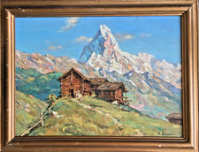 Grand tableau XXe de Nicolai Barrera Chalet au pied du Mont Cervin Les Alpes