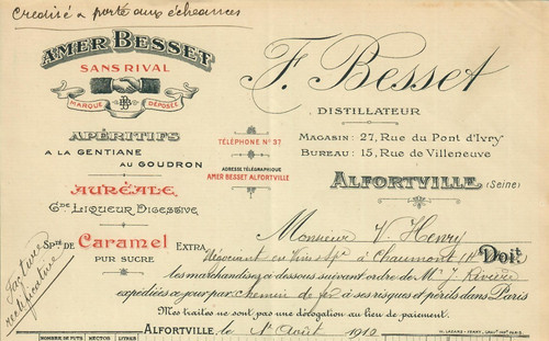 Facture 1910 alfortville - 1910,