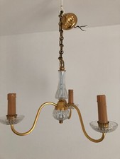 lustre art-déco 3 branches verre et métal doré, laiton ? vintage PORT OFFERT