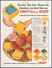 Vintage 1951 KRAFT De Luxe Cheese Slices American Pimento Swiss 1950s Print Ad