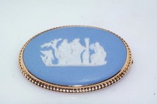 Vtg Wedgwood Cameo Blue Jasperware Oval Gold Filled Brooch Pin