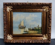 Cadre De Peinture Rentrée De Pêche Sur Toile Or Feuille Baroque + Frises 42X37CM