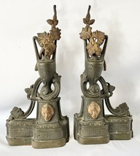 Pair of Fireplace Chenets Decor Mascarons Flowers Greek Frieze