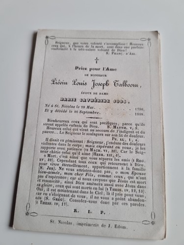 Image mortuaire belge - mortuaire, 1858