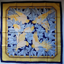 HERMES Carre 90 Les Perroquets 100%Silk Navy blue, yellow etc Made in France