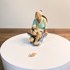 Vintage Porcelain Biscuit Figurine Old Fisherman Chinese  50s Hunting Fishing 5"