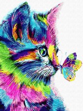 Diamant broderie sans cadre chat arc-en-ciel avec papillon 30x40...