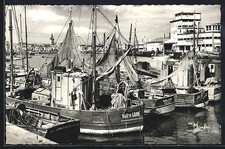 Old postcard Les Sables-d ́Olonne, fishing boats in the port animated by sails and nets 