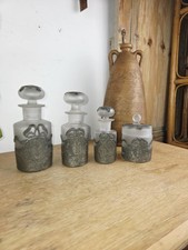 ? Set of 4 Toilet Bottles - Frosted Glass & Tin - Art Nouveau