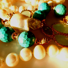 Collana Perle e Pietre Pearl Turquoise Chrysoprase Beaded Necklace Goldtone 32"