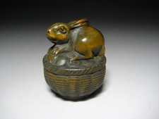 Antique Japanese NETSUKE Rabbit in a cage  -signed -okimono -rare from Japan