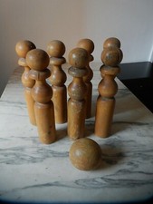 ANTIQUE SET 7 TURNED WOOD PINS AND BALL TOY 19TH XX SKILL SET COMPANY